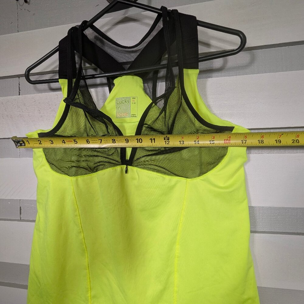 Lucky in Love Women's XL Built in Bra Tank Top Neon Yellow Tennis Mesh Zip black - Picture 8 of 10
